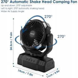 Ventoinha Recarregável de Campismo USB 10000 mAh com Luz LED e Oscilação Automática