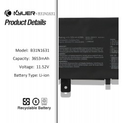 Bateria Portátil B31N1631 para ASUS VivoBook 15 A505, F505, S505, X505, R504, K505 (11,52V, 42Wh)