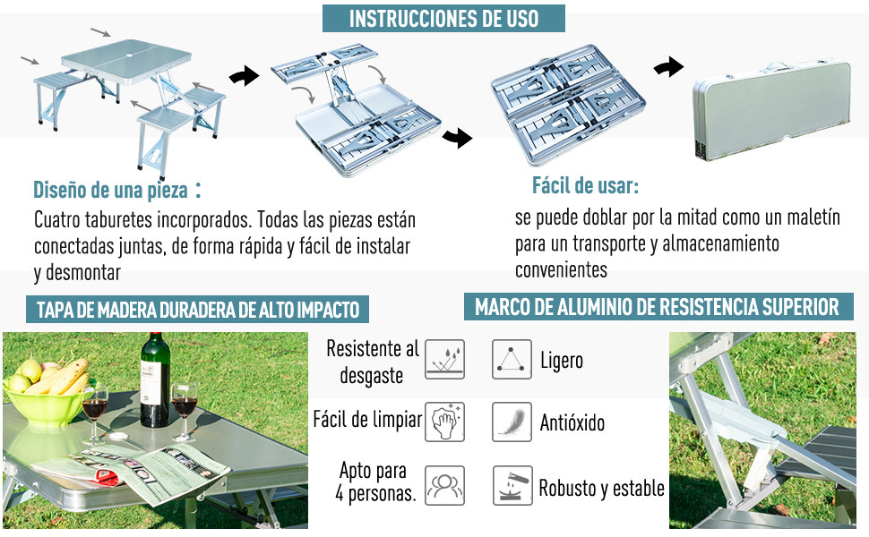 Mesa de piquenique dobrável com 4 assentos e orifício para guarda-sol