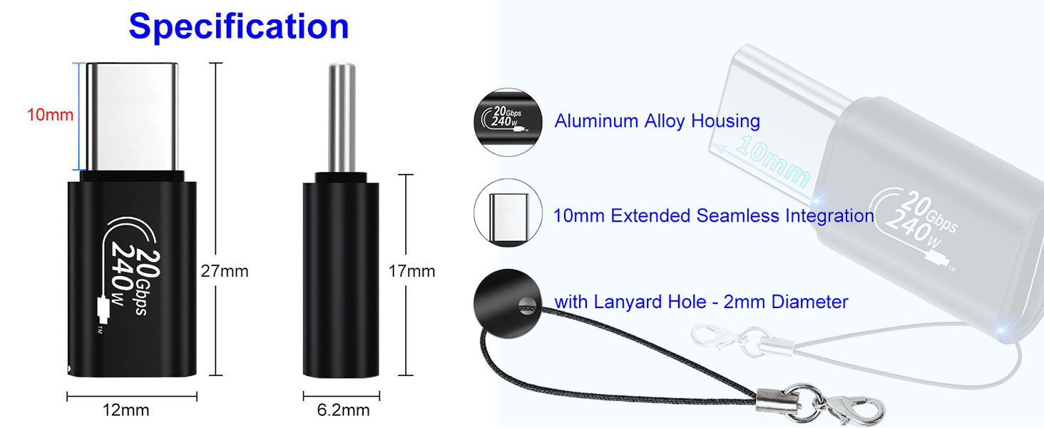 Adaptador USB C Macho a Hembra, 240W | 20Gbps | 4K@60Hz | 10mm Tip Type-C Extender